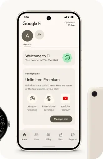 Google Fi app displayed on a phone mockup