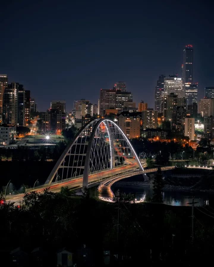 Edmonton skyline along the North Saskatchewan River at dusk
