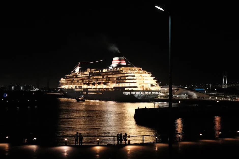Happy travelers at a cruise port using their phones with fast eSIM data