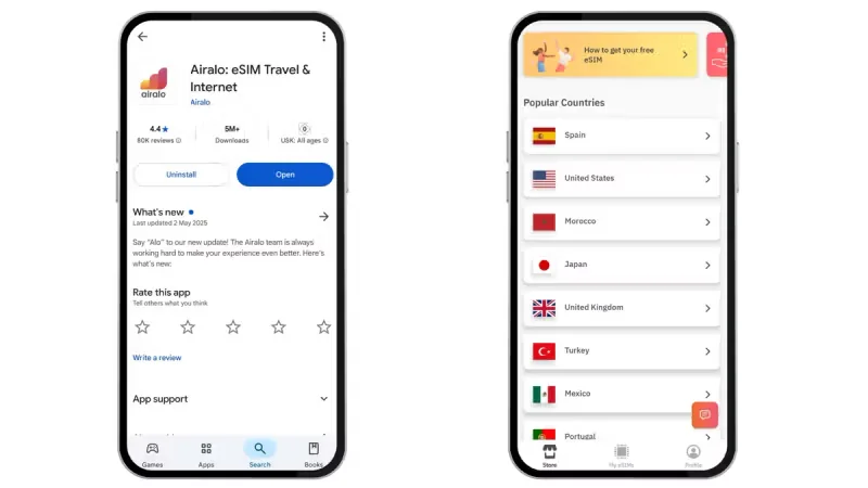 Airalo app screenshot showing Popular Countries list (Spain, United States, Morocco, Japan, United Kingdom)
