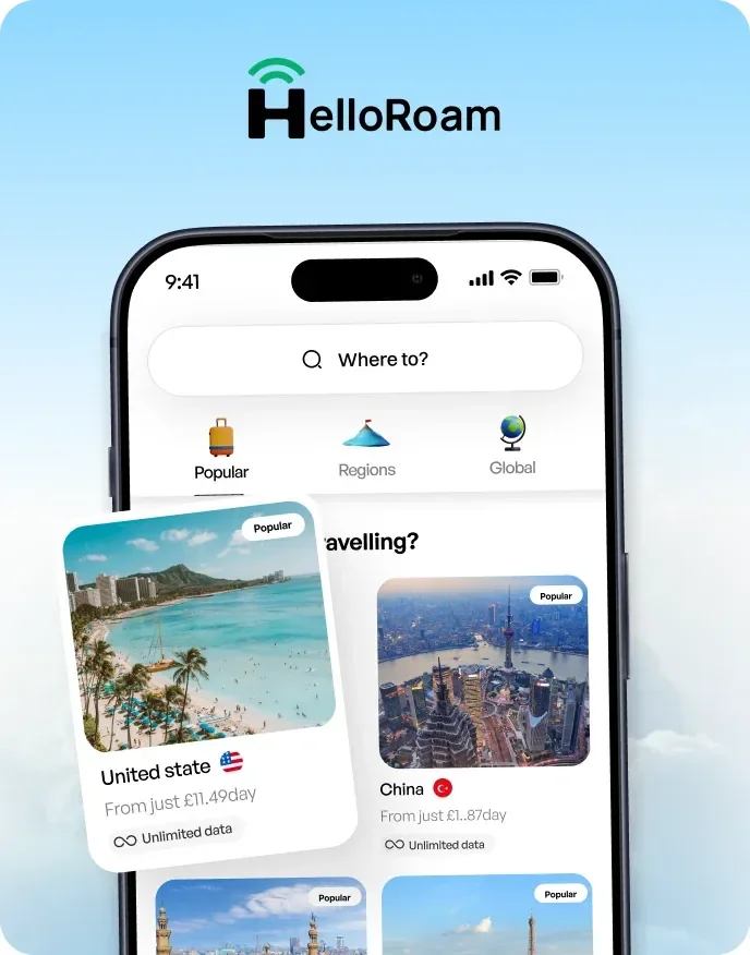 HelloRoam app home screen showing destination search on an iPhone