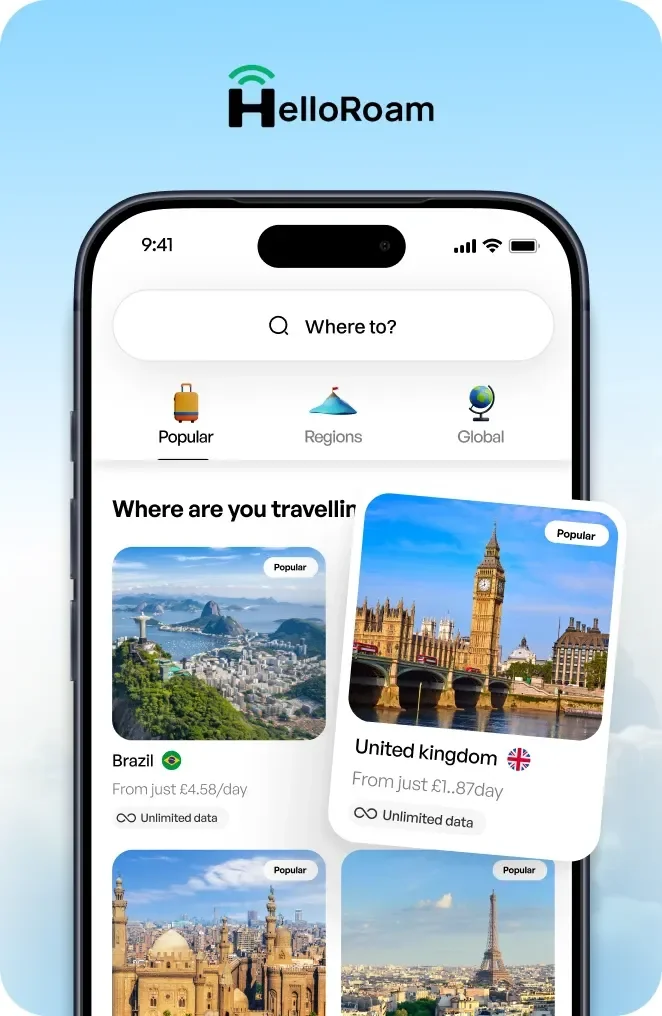 HelloRoam app home screen showing destination search, Popular and Regions tabs, and destination cards for Brazil, Egypt, and France with Unlimited data badges