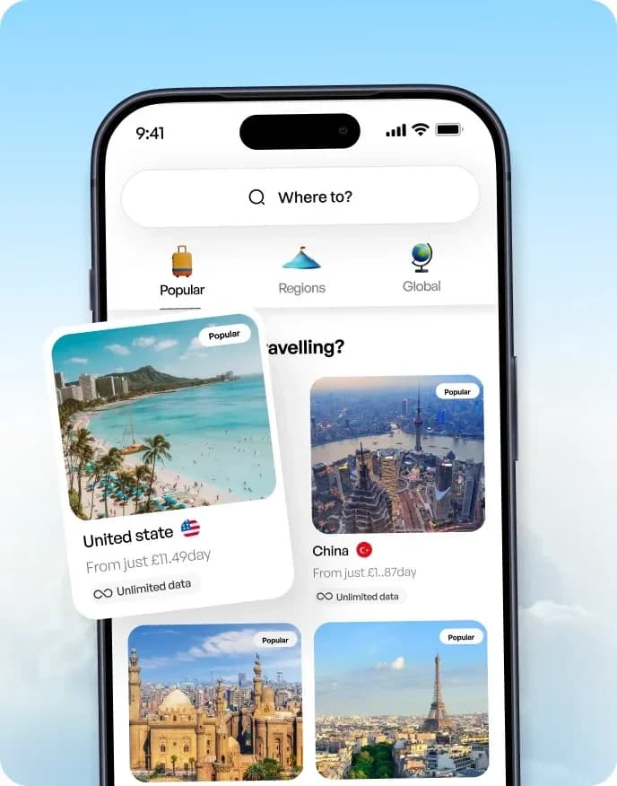 HelloRoam app home screen showing destination search on an iPhone