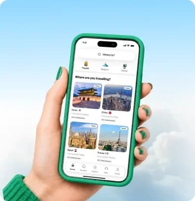 HelloRoam app showing speed test results on an iPhone mockup