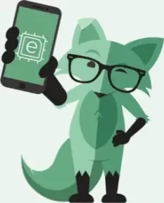 Green fox mascot illustration holding a smartphone