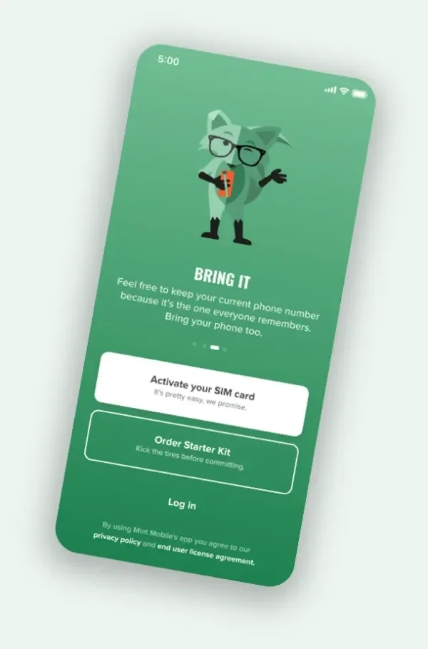 Mint Mobile app login screen showing the green BRING IT welcome page with Activate your SIM card and Order Starter Kit buttons