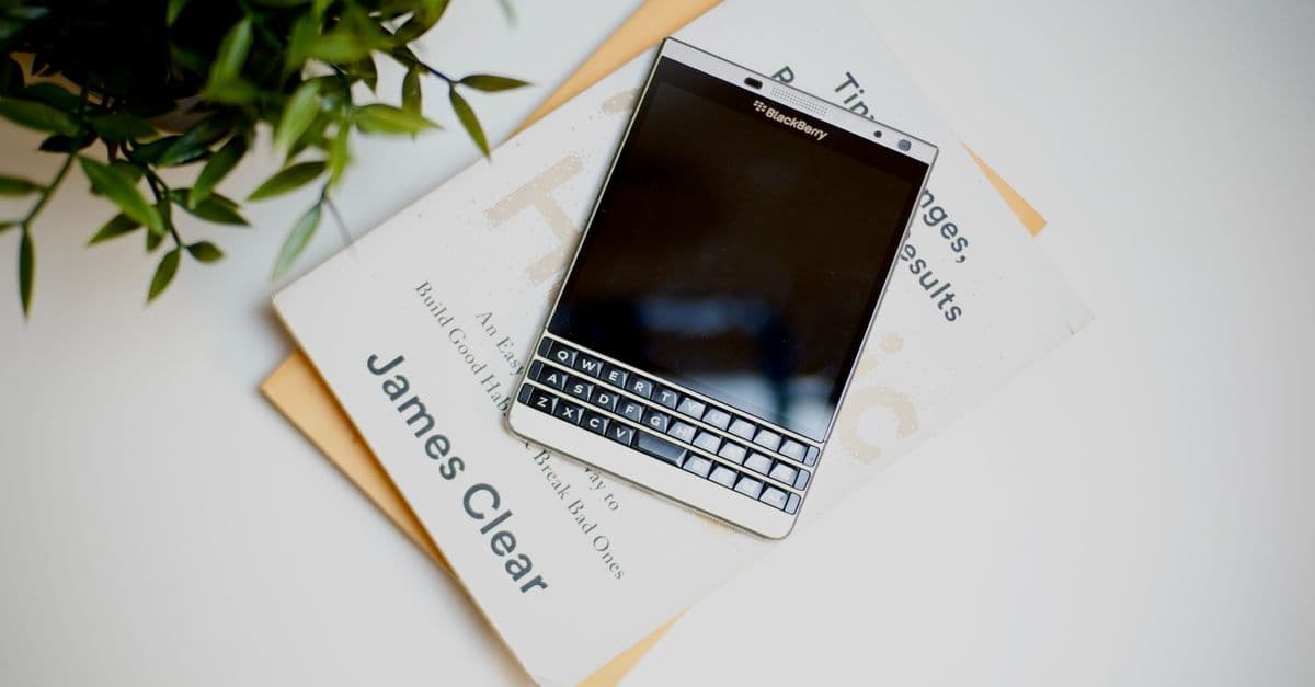 BlackBerry phone placed on books beside a green plant, symbolizing the brand's modern software era.