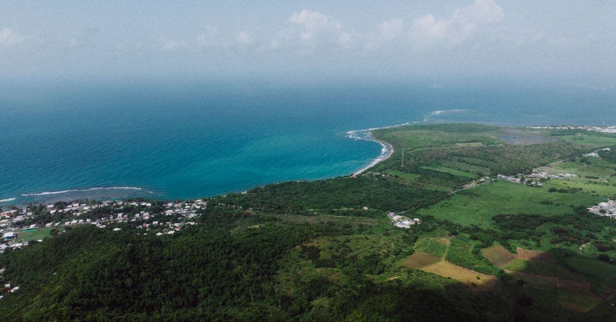Aerial view of Patillas coastline with lush fields, helping you choose the right Puerto Rico airport to fly into.