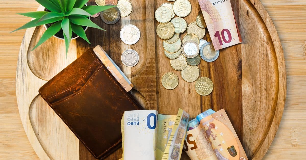 Leather wallet, scattered euro coins and banknotes on a wooden tray beside a small plant, evoking travel budgeting