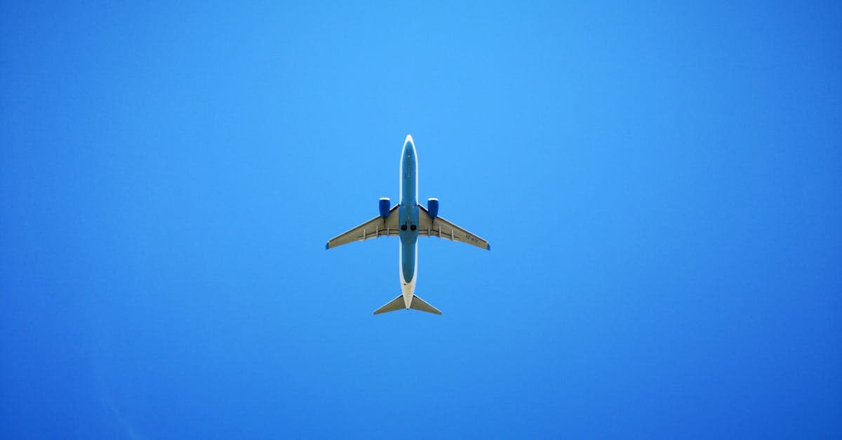 Flugzeug von unten vor leuchtendem blauen Himmel – direkte Buchung über Google Flights möglich