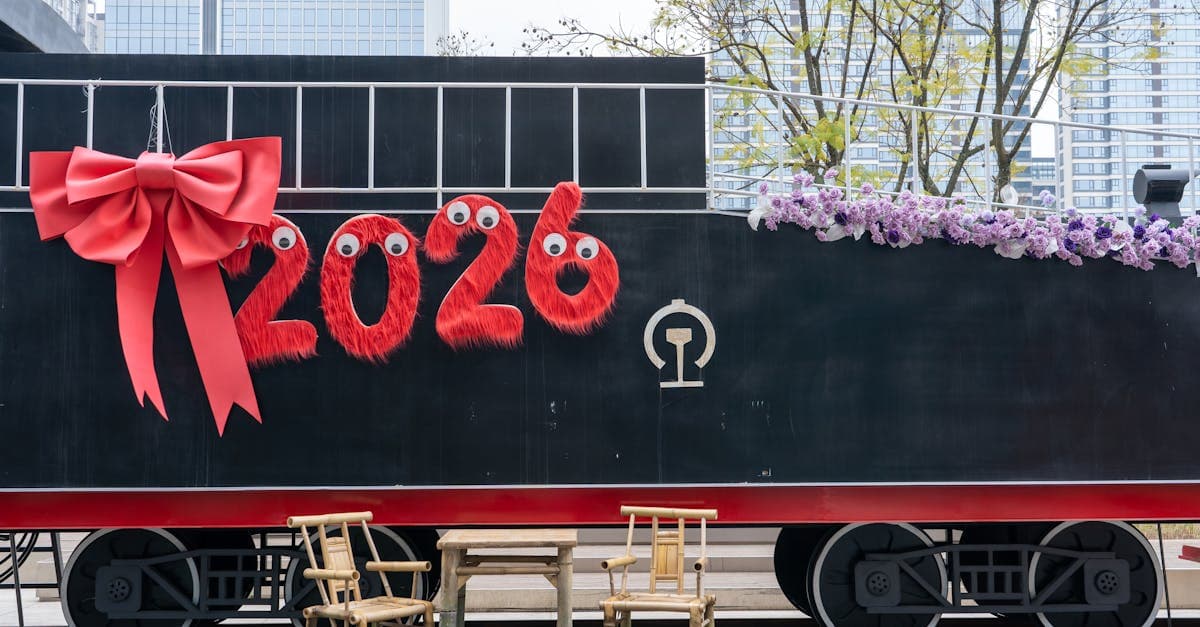 2026年のゴールデンウィーク祝日を祝う赤いリボンで飾られた電車と都市の背景