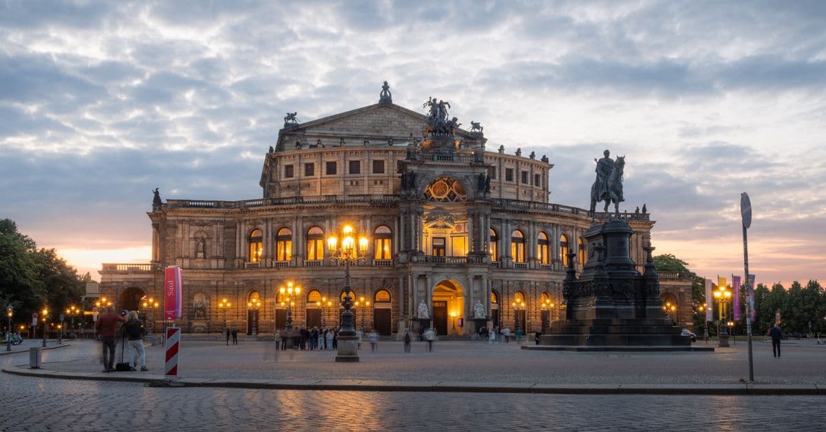 Vista al atardecer de la Semperoper y la estatua ecuestre en Dresde, Alemania, destino ideal para viajeros con presupuesto.