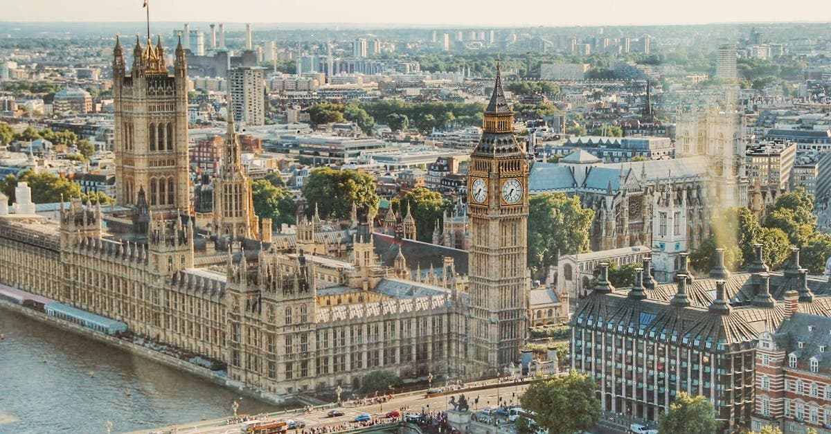 テムズ川沿いに広がるロンドン 観光の絶景、ビッグベンを望む昼間の空撮写真