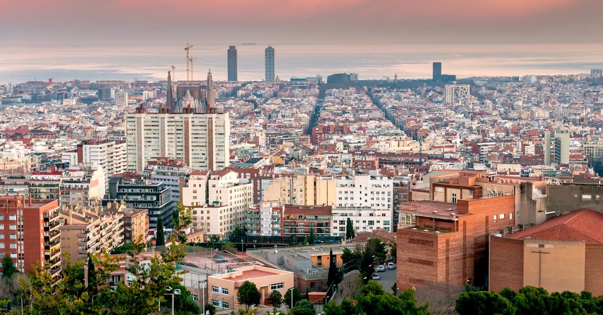 Aerial sunset view of Barcelona's cityscape highlighting key areas to consider on your barcelona holiday