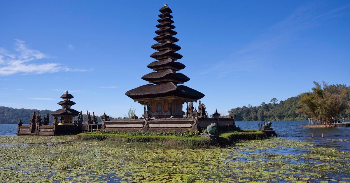 Captivating view of Ulun Danu Beratan Temple floating on a calm lake in Bali, Indonesia.