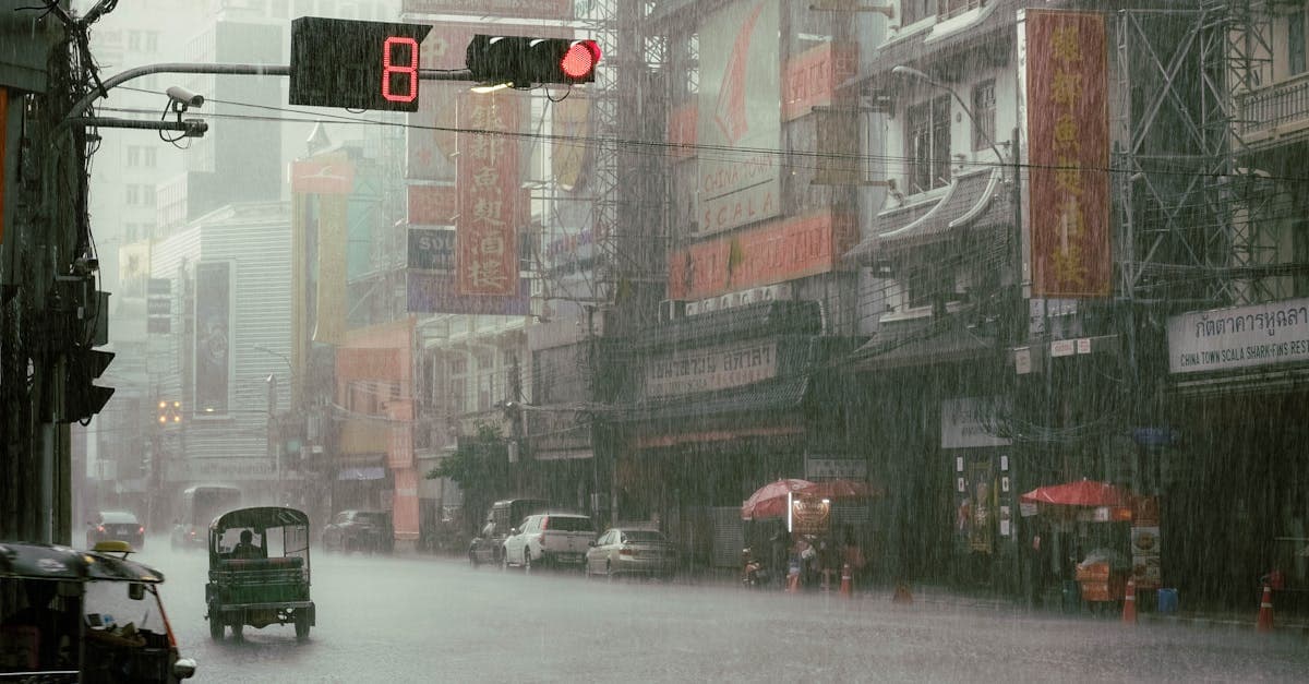 ถนนเมือง thailand rainy season รถยนต์และไฟสว่างสร้างภาพเมืองคึกคักใต้สายฝนหนาแน่น