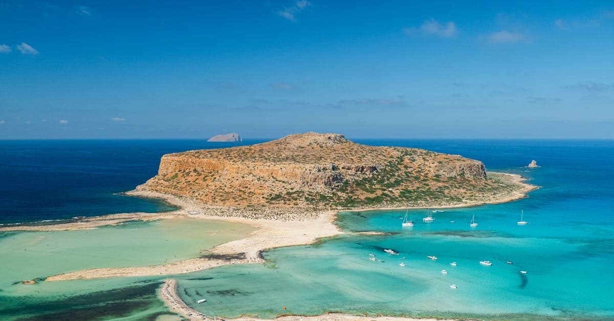 Flygfoto över Balos-lagunen på Kreta med turkost vatten och sandstrand – en av Greklands vackraste öar.