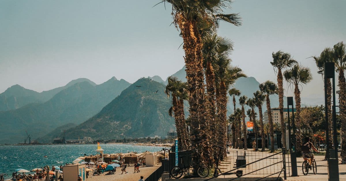 Palmen säumen eine Strandpromenade an der türkischen Mittelmeerküste, dahinter ragen Berge auf.