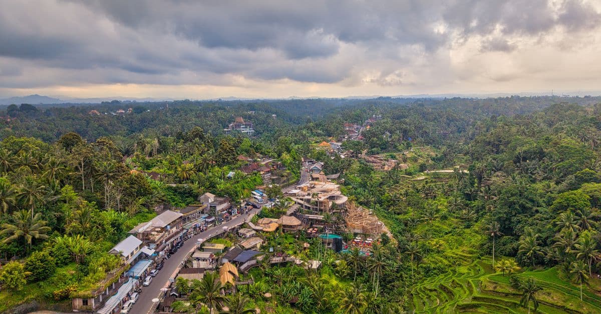 Vogelperspektive auf satte Reisterrassen und ein Dorf in Bali – das Bali Wetter variiert stark je nach Region
