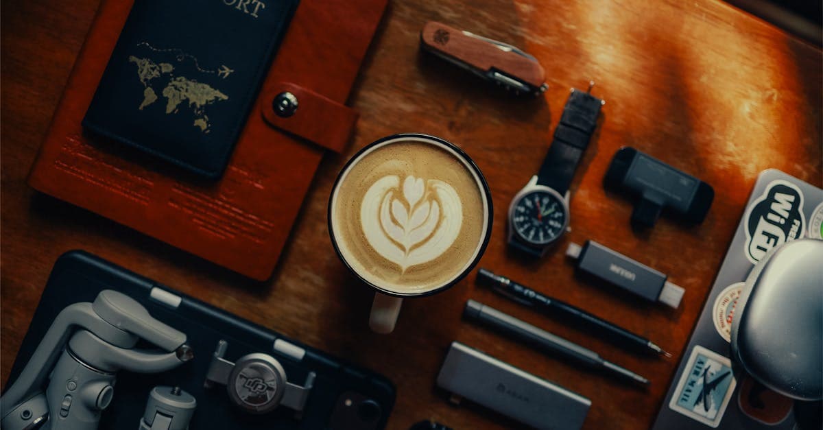 Travel essentials flat lay with coffee, gadgets, and passport for portable wifi destination planning