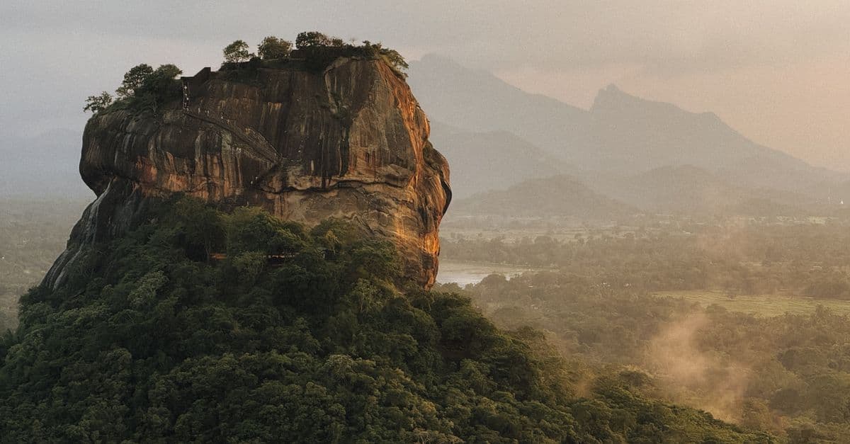 Sigiriya Rock rises above a forested landscape in the warm morning light.