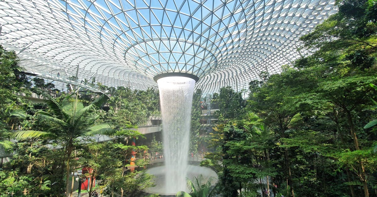 Jewel Changi Airport's Rain Vortex surrounded by lush gardens, ideal spot to activate your esim singapore