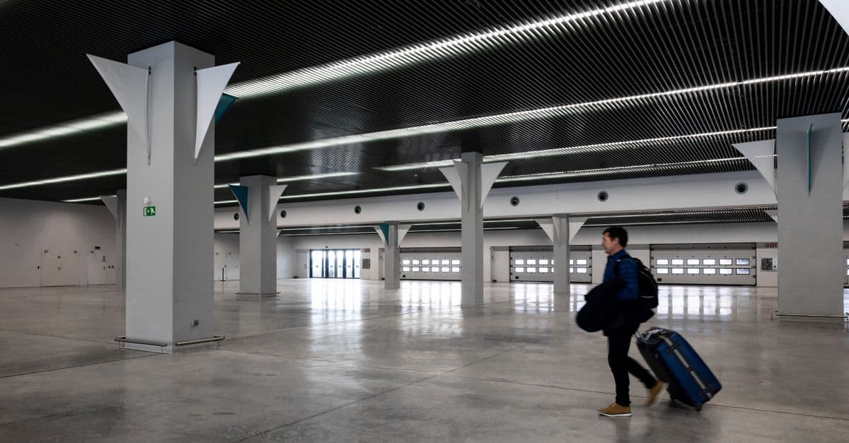 Viaggiatore con bagaglio a mano che si orienta nel terminal moderno e luminoso di Charleroi Airport.