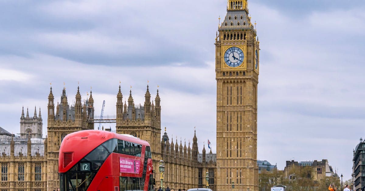 Big Ben, the Palace of Westminster, and a red double-decker bus, inspiring Canadians to plan their london weather visit