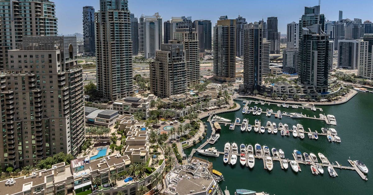 Dubai Marina's gleaming skyscrapers and moored yachts from above, one of the best free things to do in Dubai