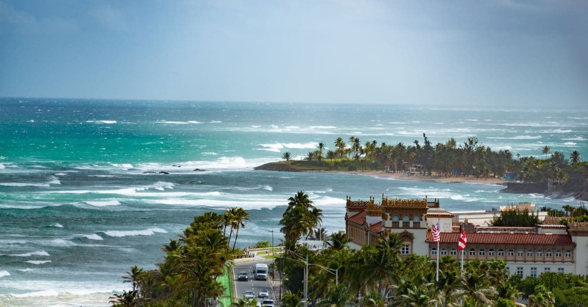 Aerial view of Puerto Rico's tropical coastline with crashing waves and palm trees lining the shore