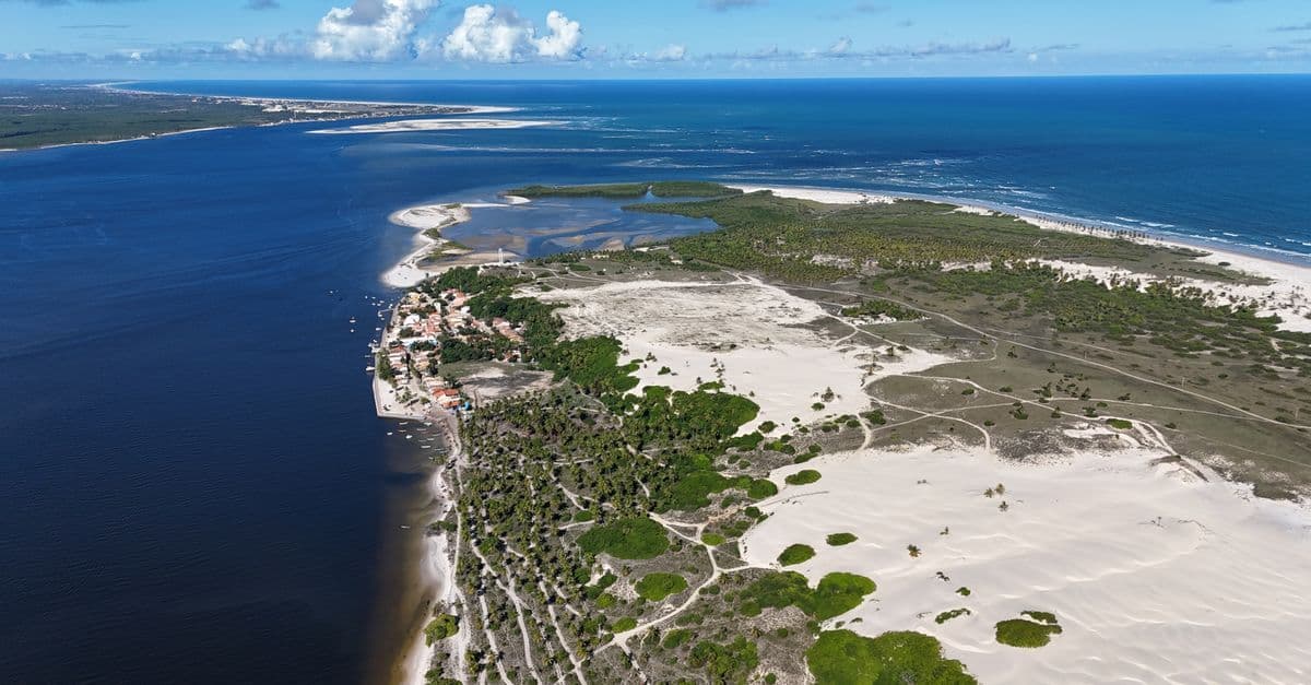Vista aérea deslumbrante de litoral com águas cristalinas e vegetação exuberante, característica dos territórios britânicos e americanos.