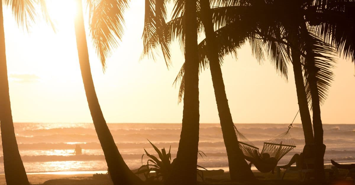 Hammock between palm trees silhouetted at sunset on a costa rica all inclusive beach getaway.