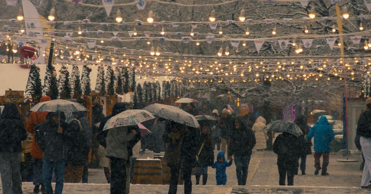 Visitors walk beneath festive string lights in falling snow, many carrying umbrellas.