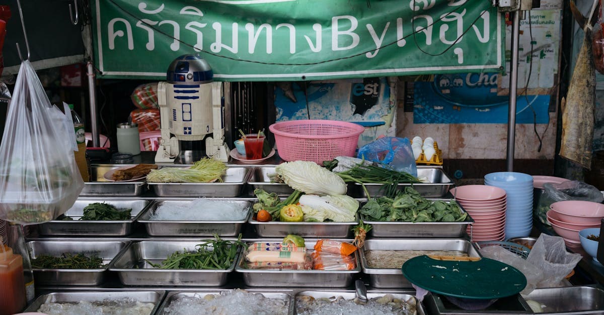 Fresh Thai ingredients at Bangkok street food thailand stall with colourful healthy culinary options.