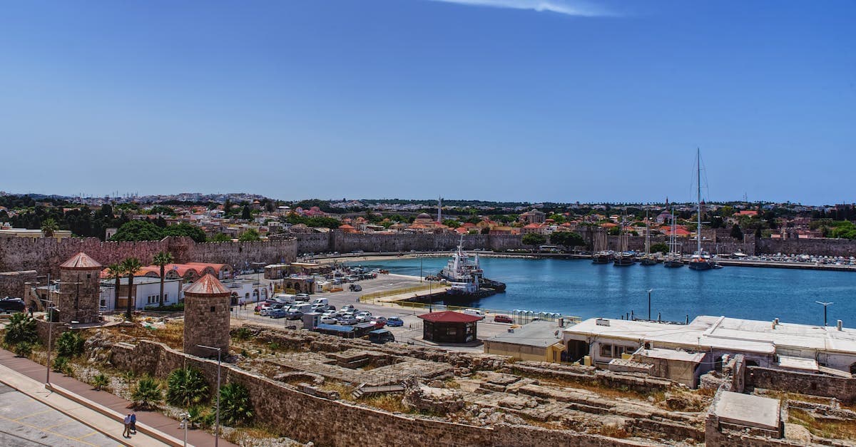 Historischer Hafen von Rhodos-Stadt mit mittelalterlichen Stadtmauern aus der Vogelperspektive bei strahlend blauem Himmel.