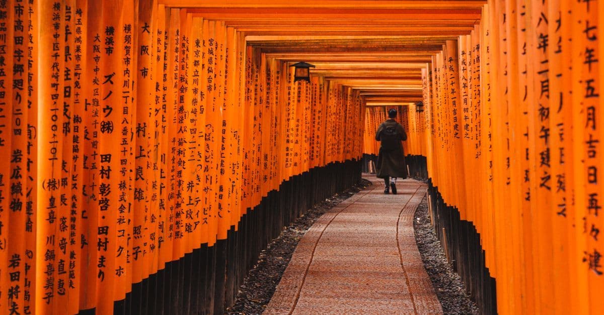 Wanderer passiert rote Torii-Tore am Fushimi Inari Taisha in Kyoto bei zwei Wochen Japan