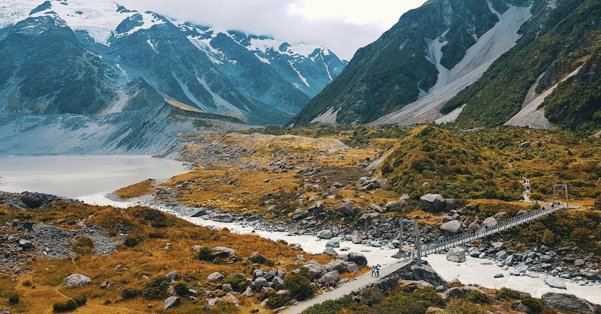 Suspension bridge crossing Hooker Valley with snow-capped Mt Cook peaks, a top New Zealand entry point experience for US citizens.