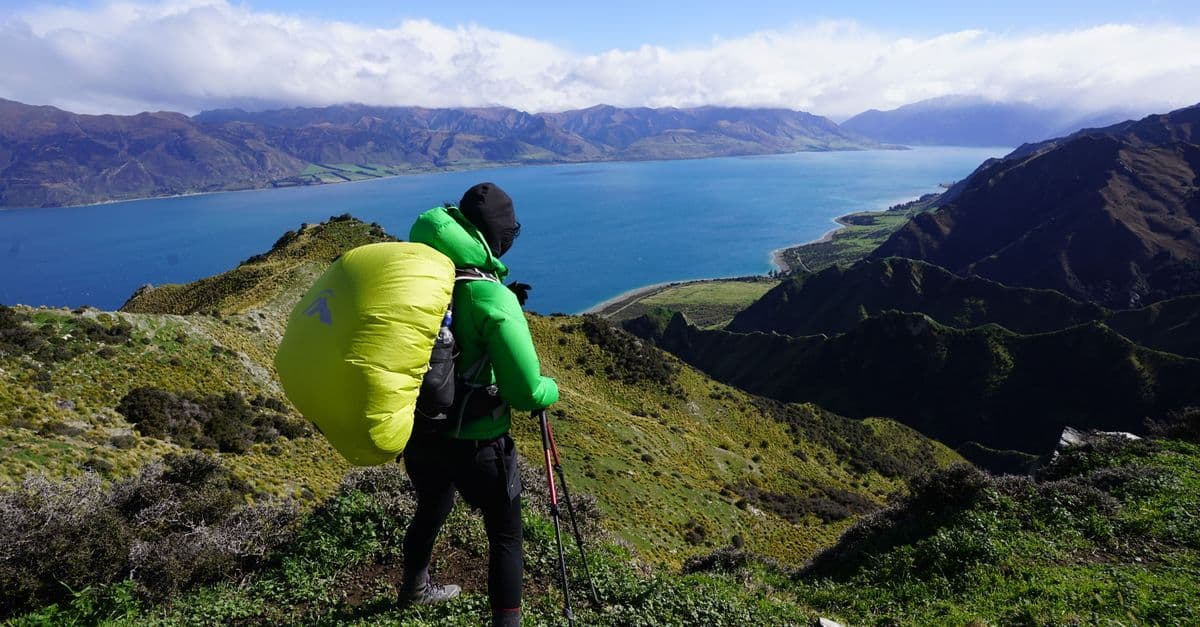 A hiker with a large backpack looks out over a blue lake and rugged mountains in New Zealand.