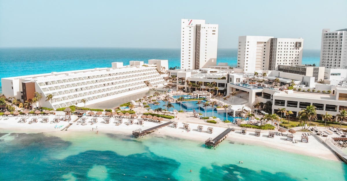 Aerial view of Cancun's beach resort area, one of the safest vacation spots in Mexico for tourists