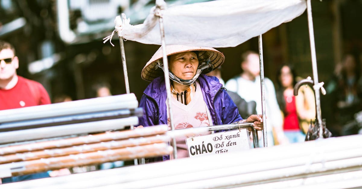 Vietnamesisk gadehandler sælger traditionel mad fra en vogn i en smal gyde i Hanoi