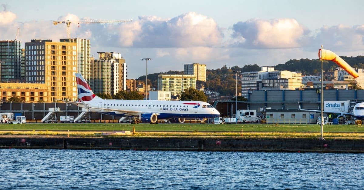 British Airways jet parked at London City Airport, representing airlines operating weekly sydney to london flights
