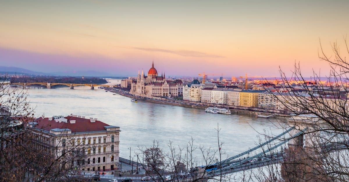 Sweeping aerial view of Budapest and the Danube at sunset in autumn, when crowds thin across Europe