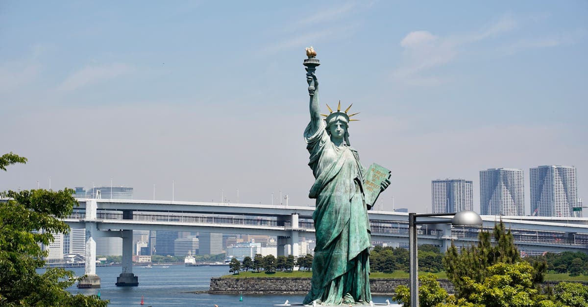 ニューヨーク観光に訪れる旅行者が眺める自由の女神像と広大な都市のスカイライン