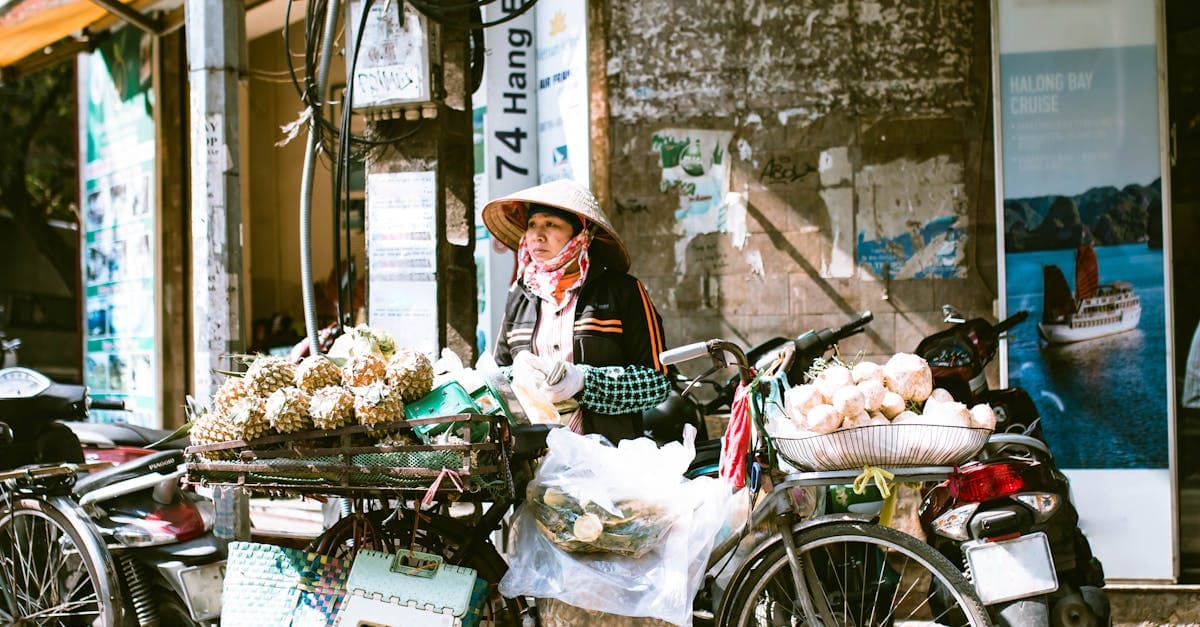 A street vendor selling tropical fruits among the street food in Hanoi's lively Old Quarter.