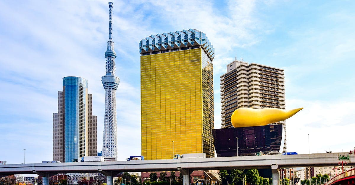 Tokios Skyline mit dem weithin sichtbaren Tokyo Skytree und dem markanten Asahi-Gebäude am Flussufer.