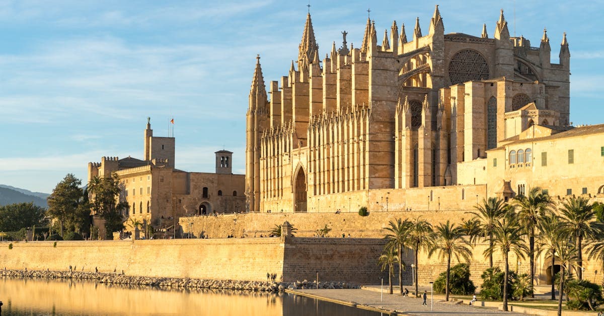 Gotische kathedraal in Palma de Mallorca weerspiegelt in het water bij helder weer Mallorca.