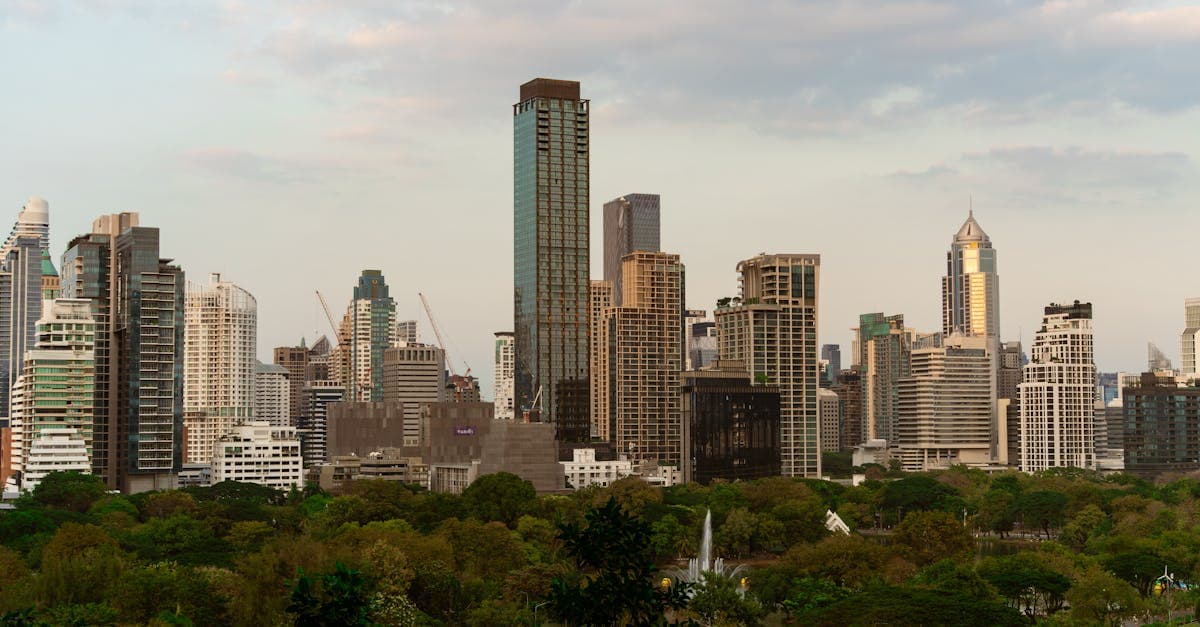 Bangkoks skyskrapor och grönska i förgrunden under en dimmig skymning.