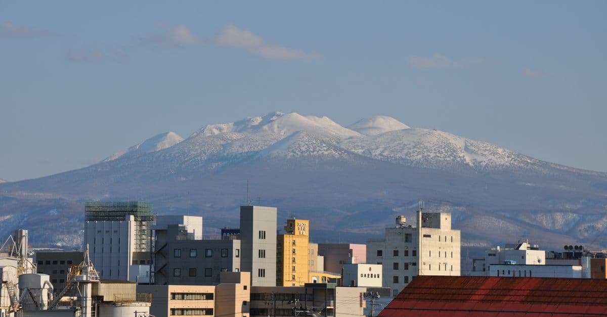 晴朗天空下,覆著白雪的群山聳立在城市建築後方,呈現札幌冬季周邊的雪景。