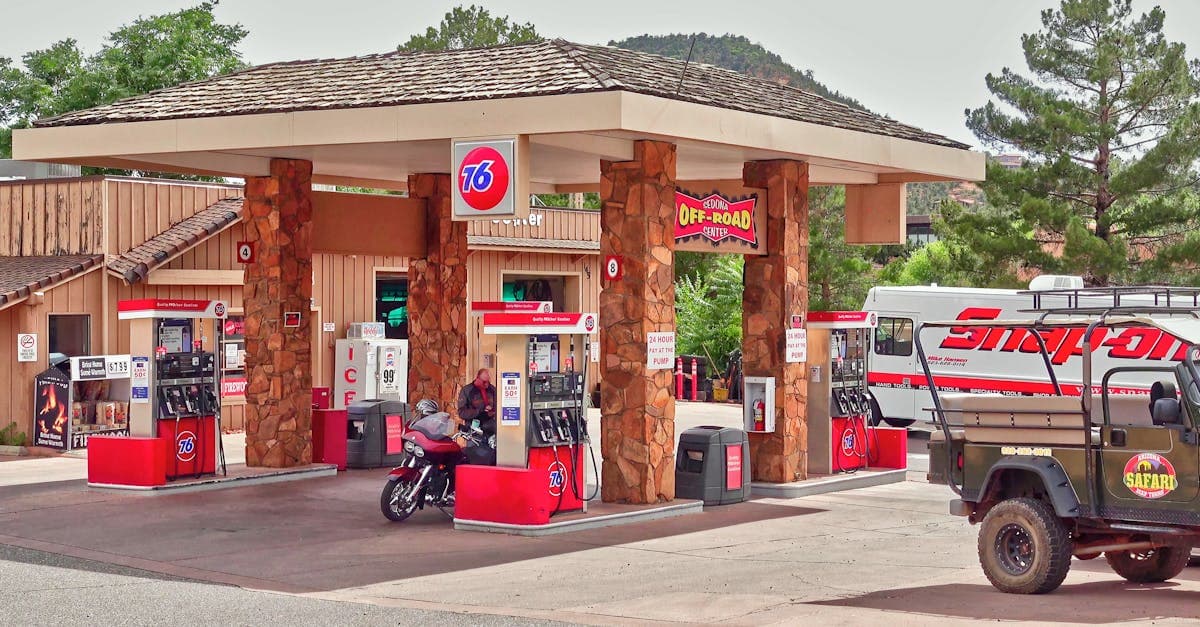 Scenic Petro Travel Center fuel stop in Sedona, AZ with motorbike and vehicles ready for the open road.