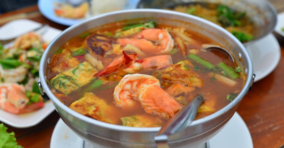 Close-up of authentic Tom Yum Goong, a spicy prawn soup and staple of Bangkok street food